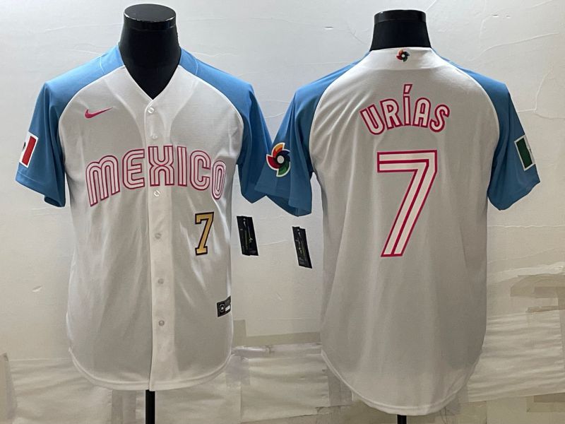 Men 2023 World Cub Mexico 7 Urias White blue Nike MLB Jersey6